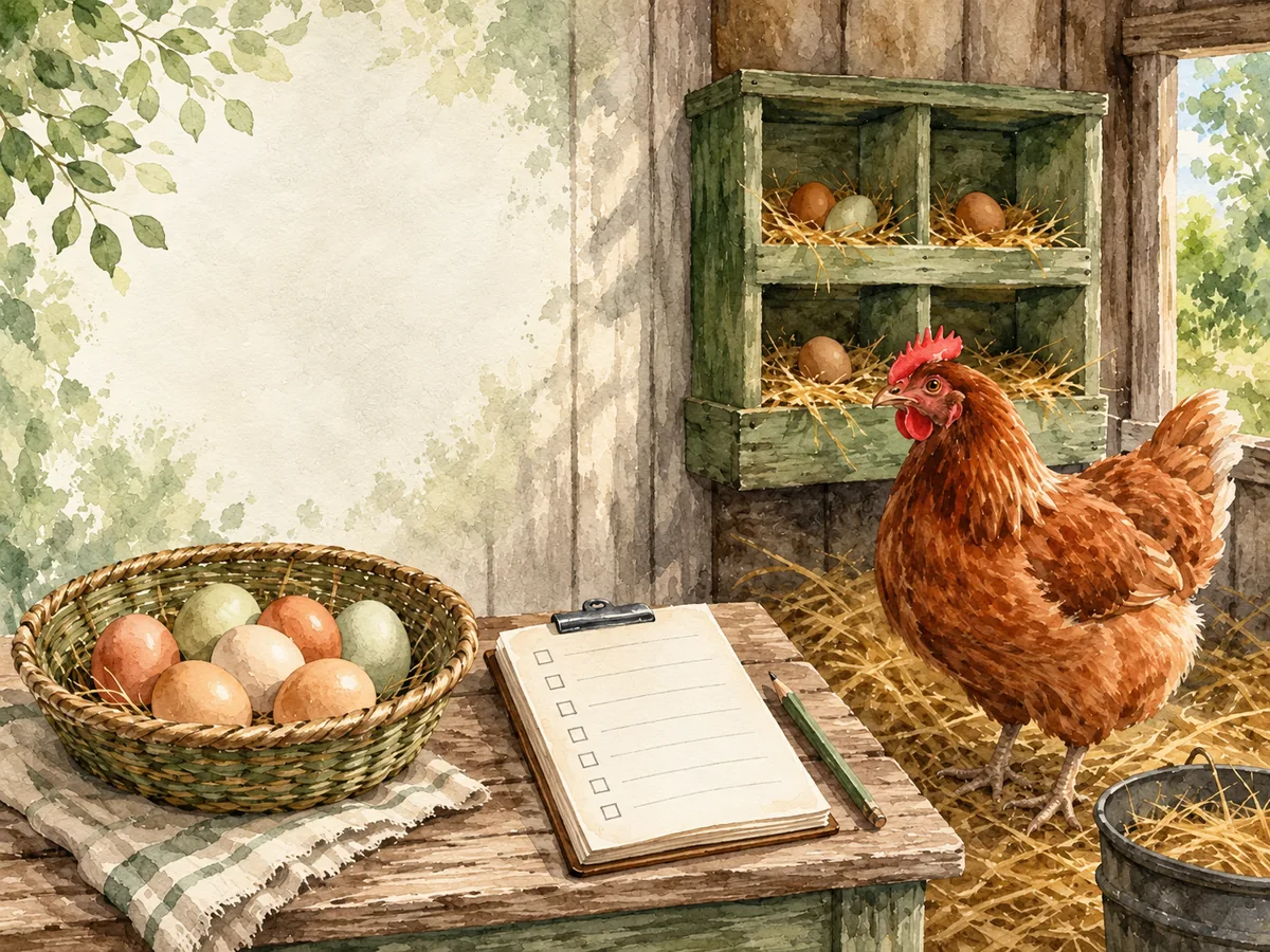 A brown hen stands beside a basket of eggs and a simple laying record checklist.