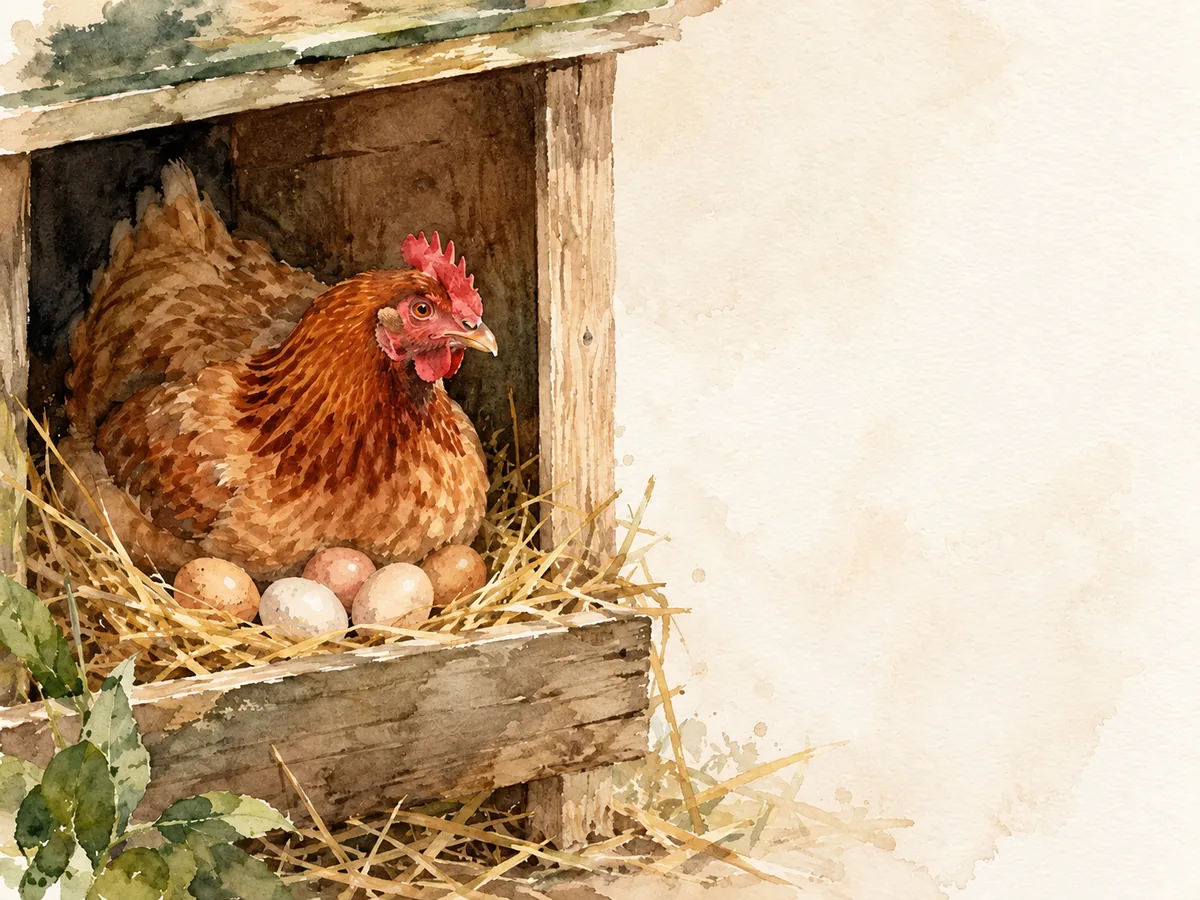 A laying hen sits in a nest box with fresh eggs and no rooster
