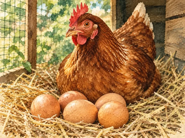 Poule brune en santé dans un nid de paille avec plusieurs œufs à coquille intacte.