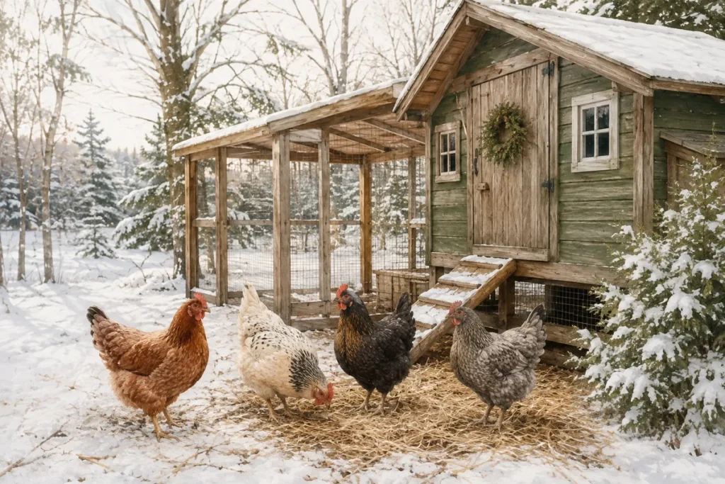 Four hens outside a sheltered chicken coop on a winter day