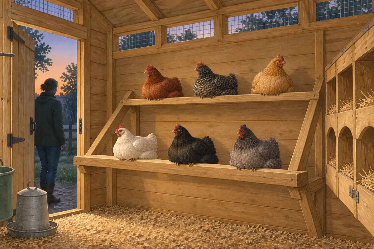 Un groupe de poules s’installe sur deux perchoirs en gradins décalés vers l’avant et l’arrière