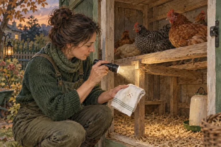 Une femme inspecte le dessous d’un perchoir avec une lampe de poche pendant que les poules sont au repos