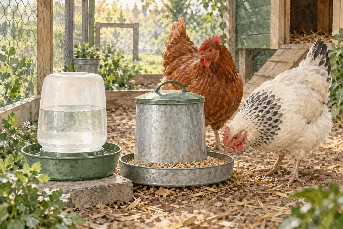 Deux poules près d’un abreuvoir rempli d’eau propre et d’une mangeoire dans un parcours sécurisé