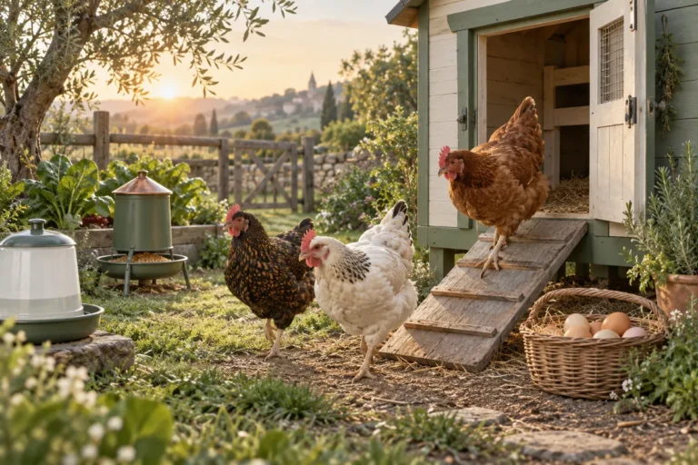Poules sortant d’un poulailler au lever du jour près d’un abreuvoir, d’une mangeoire et d’un panier d’œufs