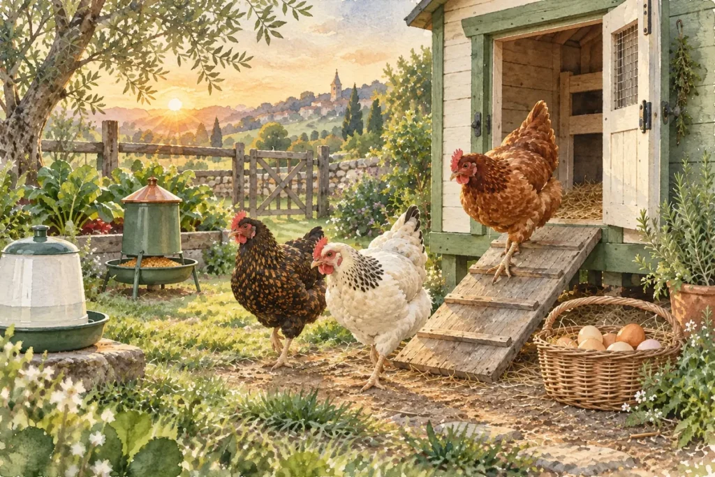 Trois poules près d’un poulailler équipé pour la routine quotidienne du matin et du soir.