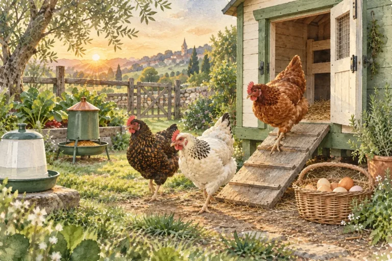 Trois poules près d’un poulailler équipé pour la routine quotidienne du matin et du soir.