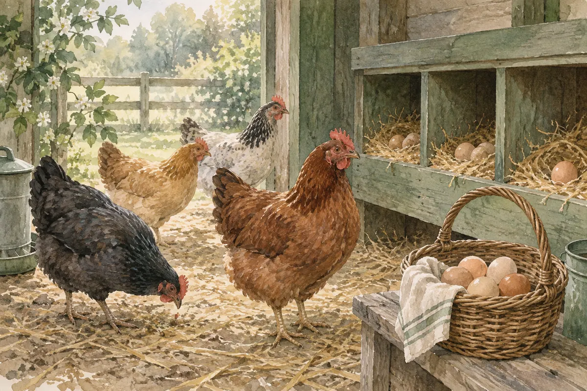 Petit groupe de poules près de pondoirs propres et d’un panier contenant des œufs frais