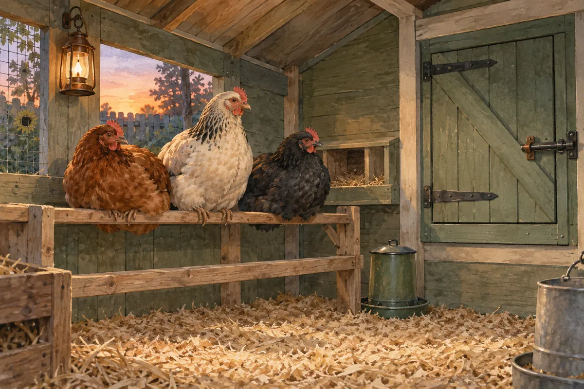Trois poules installées sur un perchoir dans un poulailler fermé au crépuscule