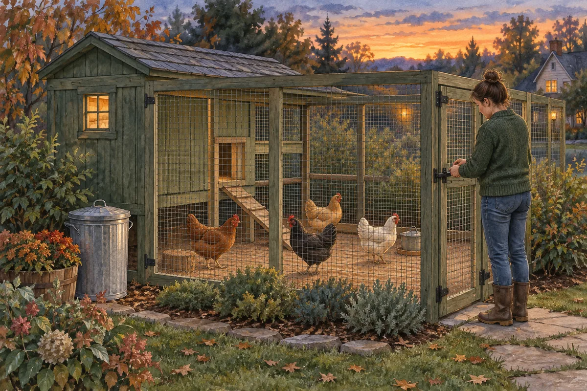 Une femme ferme le parcours au crépuscule pendant que quatre poules sont à l’abri près d’un contenant de moulée fermé