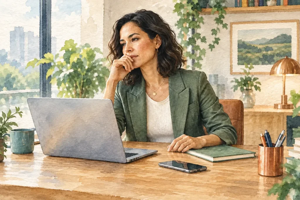 Professionnelle réfléchissant avant de répondre à un message de travail difficile