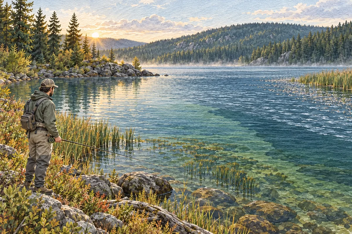 Pêcheur observant une bordure d’herbiers, une pointe rocheuse et un changement de profondeur dans un lac