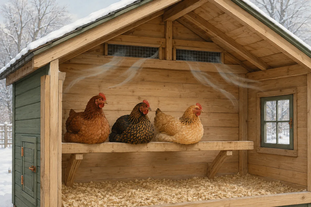 Trois poules sur un perchoir sous des ouvertures de ventilation placées en hauteur