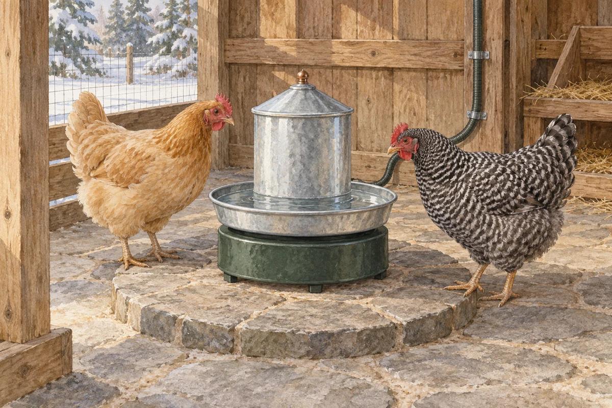 Deux poules près d’un abreuvoir métallique sur une base chauffante verte posée sur une large dalle