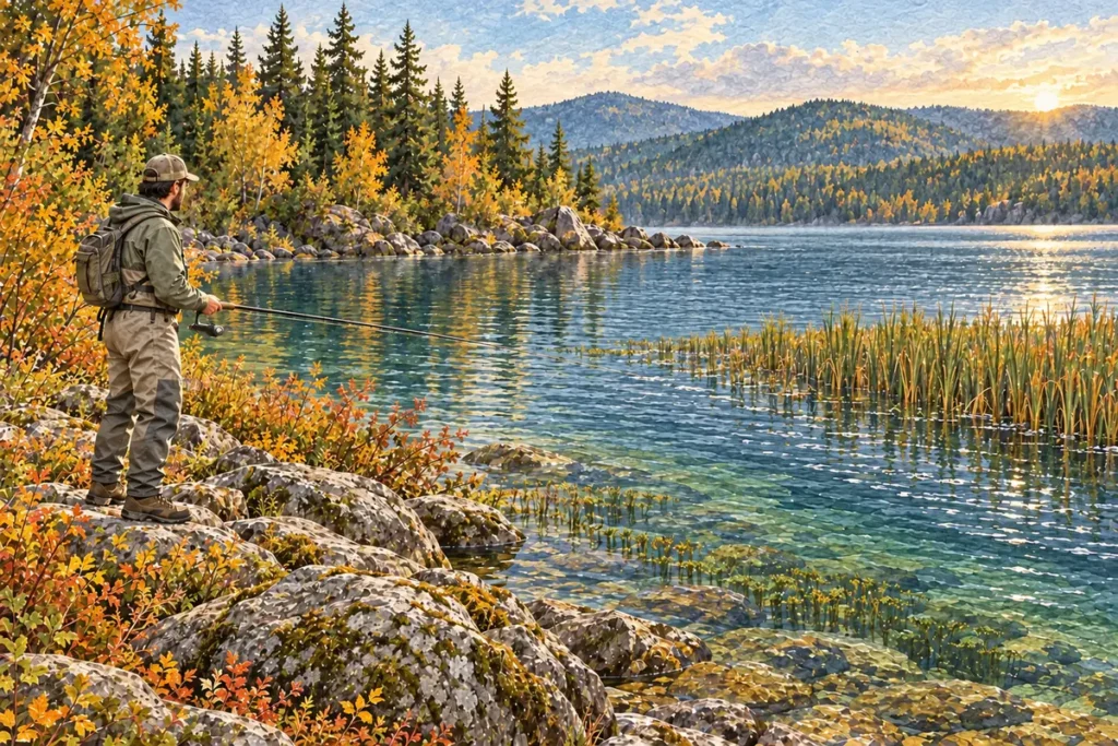 Angler holding a spinning rod on a broad rocky bank beside a lake surrounded by autumn trees.