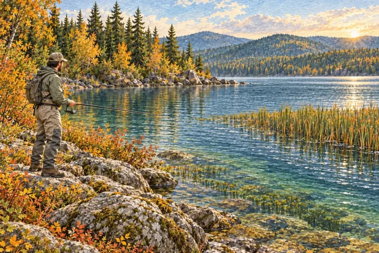 Angler holding a spinning rod on a broad rocky bank beside a lake surrounded by autumn trees.