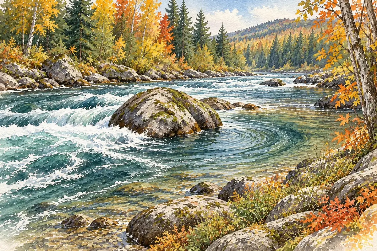 Une zone calme près du courant Gros rocher partiellement immergé dans une rivière d’automne, avec remous et eau plus calme près de la berge.