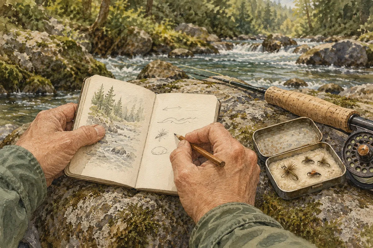 Mains d’un pêcheur inscrivant ses observations dans un carnet au bord de l’eau