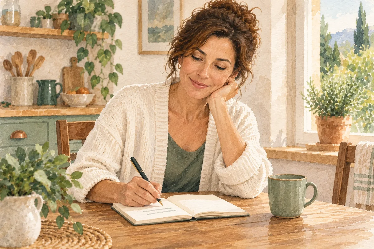 Femme écrivant quelques notes dans un carnet à une table de cuisine