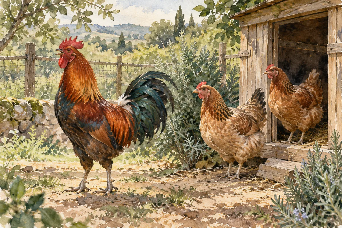 Observer le coq et les poules pendant une alerte Coq redressé au bec entrouvert et deux poules près d’un abri en bois, attentifs dans la même direction.