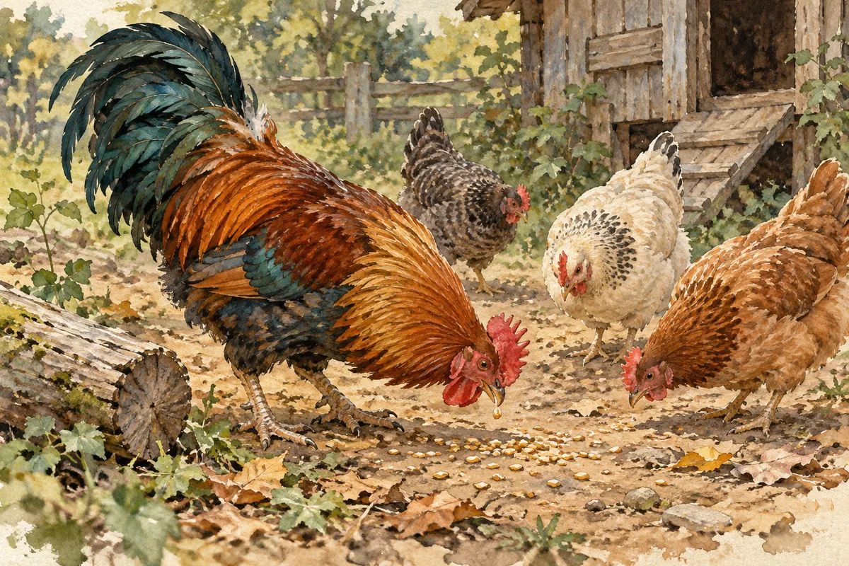 Un appel du coq près de la nourriture Coq à la tête baissée près de grains au sol, avec trois poules près de lui dont une qui picore.