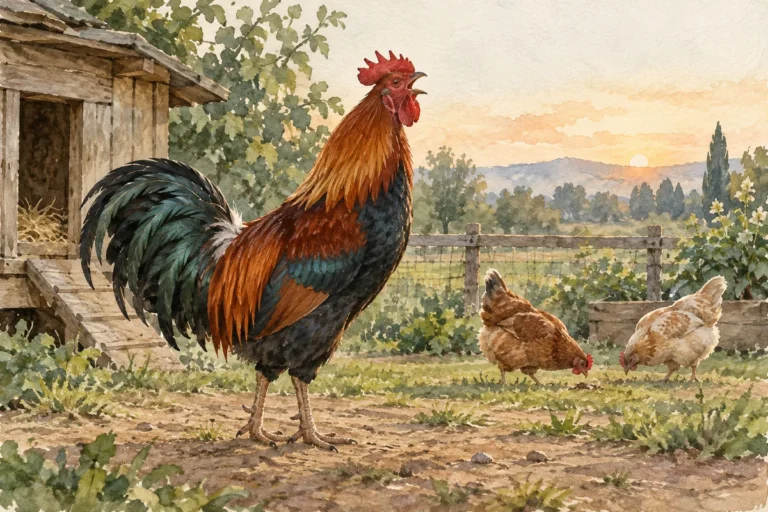 Copper-coloured rooster crowing beside a coop, with two hens in the background.