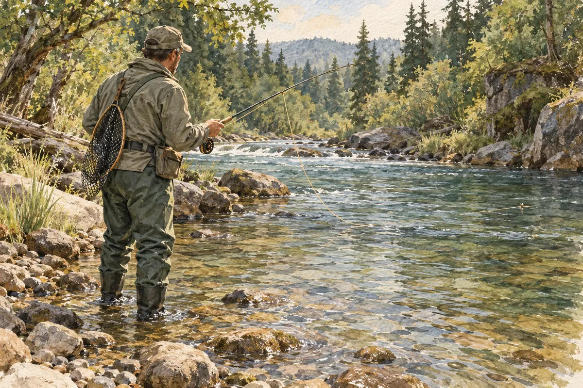 Pêcheur effectuant une petite correction de soie avec le bout de sa canne
