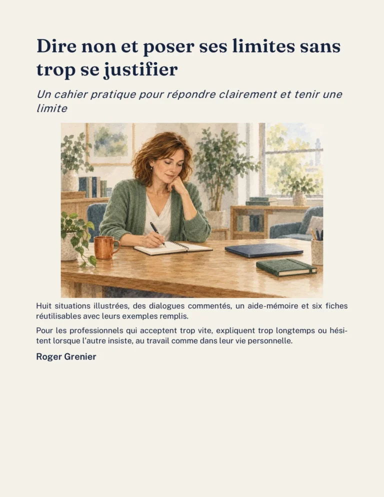 Couverture du cahier Dire non et poser ses limites sans trop se justifier : une femme prépare sa réponse dans un carnet.