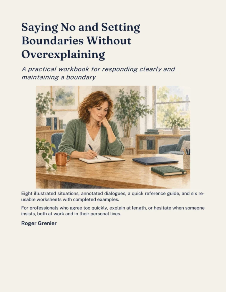 Cover of Saying No and Setting Boundaries Without Overexplaining: a woman prepares her response in a notebook.
