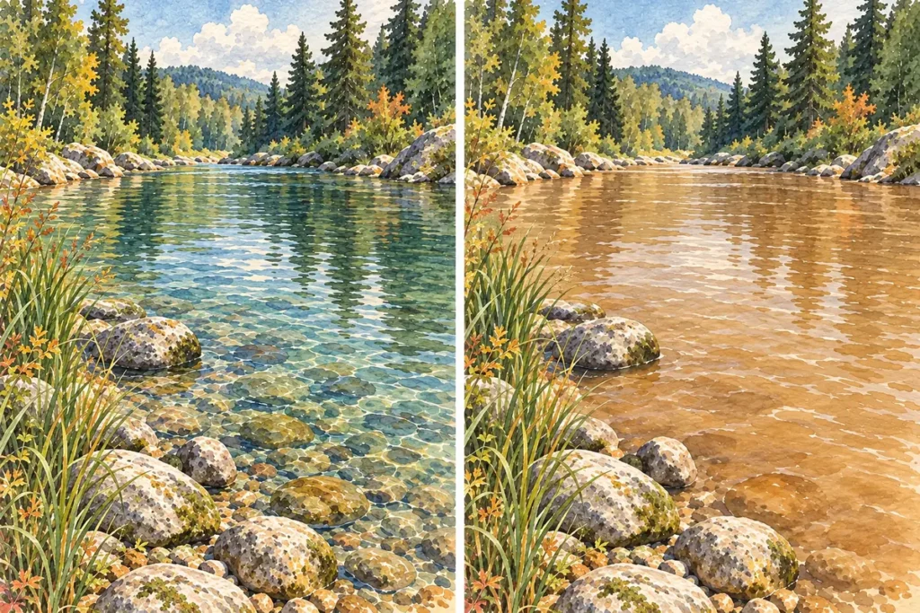 Watercolour comparison of the same riverbank with clear water and murky brown water.
