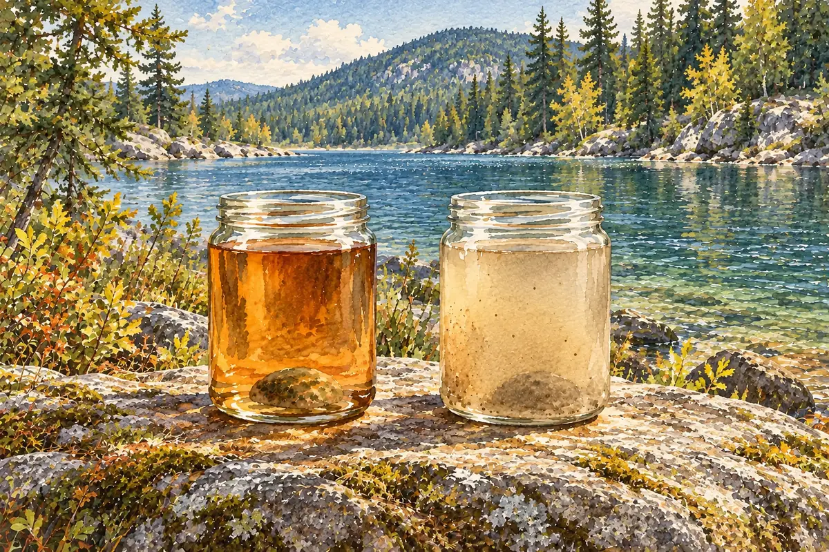 Deux bocaux en aquarelle : une eau ambrée laissant voir un caillou et une eau chargée de particules qui masque les formes.