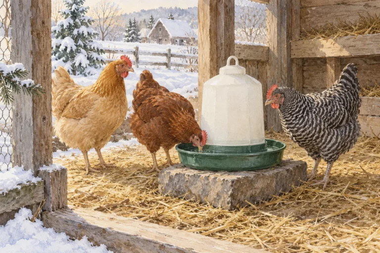 Trois poules autour d’un abreuvoir à eau liquide dans un parcours couvert, avec de la neige à l’extérieur