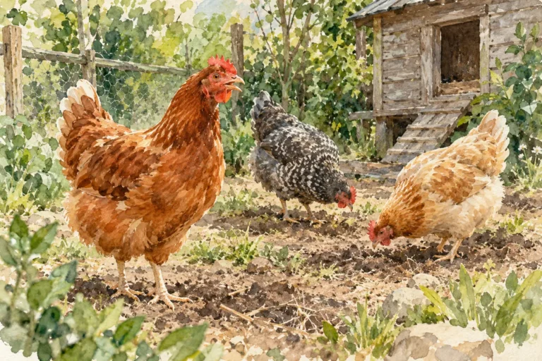 Three hens in an enclosed garden, with a brown hen calling with her beak open in the foreground.