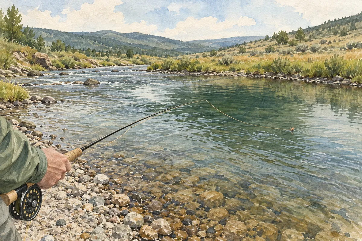 Canne et ligne de pratique avec un petit morceau de laine sur une rivière dégagée
