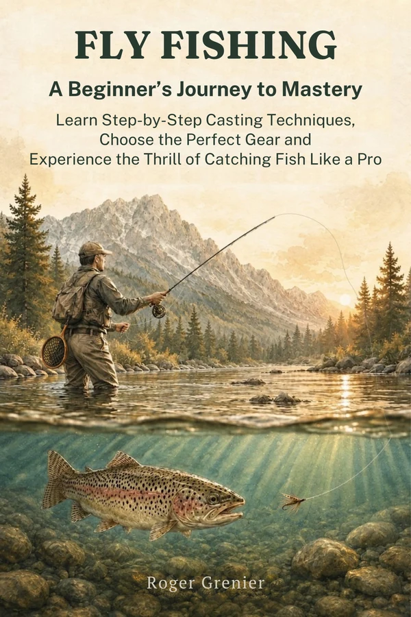 Cover of Fly Fishing: A Beginner’s Journey to Mastery by Roger Grenier, with an angler beside a mountain river and a trout underwater.