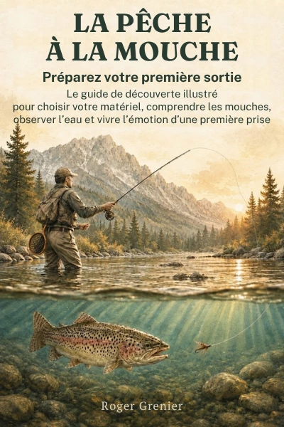 Couverture de La pêche à la mouche, Préparez votre première sortie, de Roger Grenier : un pêcheur dans une rivière de montagne et une truite sous l’eau.