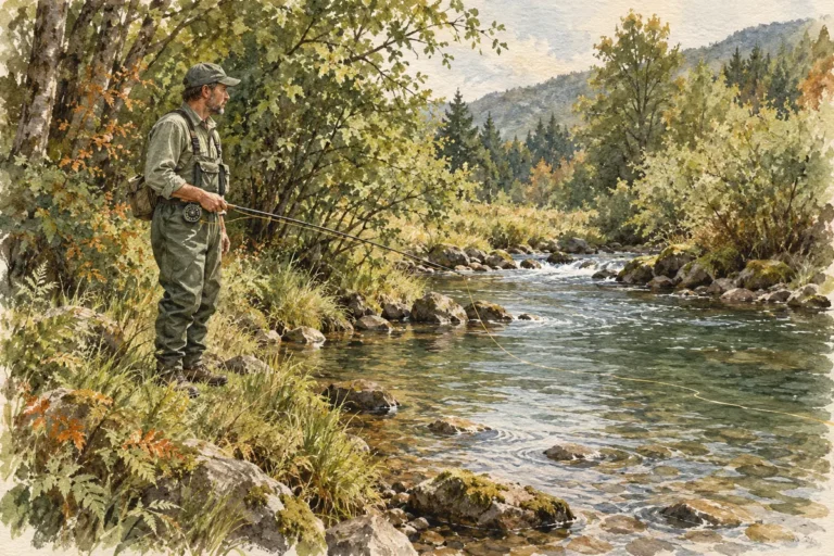 Pêcheur à la mouche au bord d’une rivière avec des arbres derrière lui
