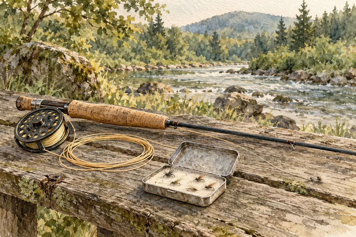 Canne à mouche, soie flottante et petite boîte de mouches sur un banc en bois