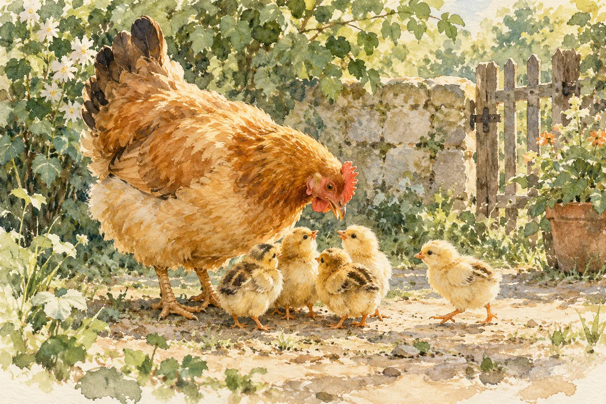 Golden-brown hen surrounded by five chicks in a sheltered garden.