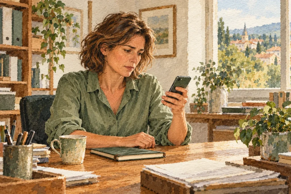 A woman looks at her phone with a worried expression at her desk beside a window.