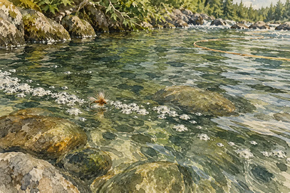 Petite mouche sèche et bulles sur la surface d’une rivière claire