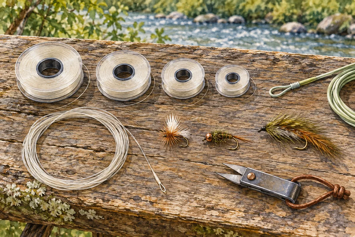 Matériel de pêche à la mouche en aquarelle avec pointes de bas de ligne, mouche sèche, nymphe et streamer sur un billot près d’une rivière.