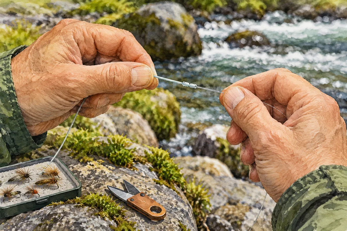 Gros plan sur les mains d’un pêcheur réalisant un nœud de chirurgien entre le bas de ligne et la pointe