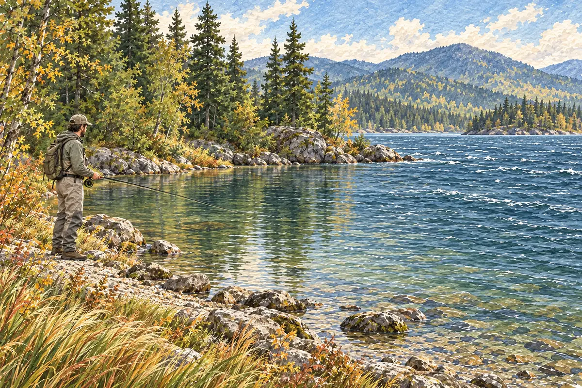 Chercher une zone abritée du vent Anse de lac protégée par une pointe boisée, avec un pêcheur sur une berge de gravier et une eau plus calme près du bord.