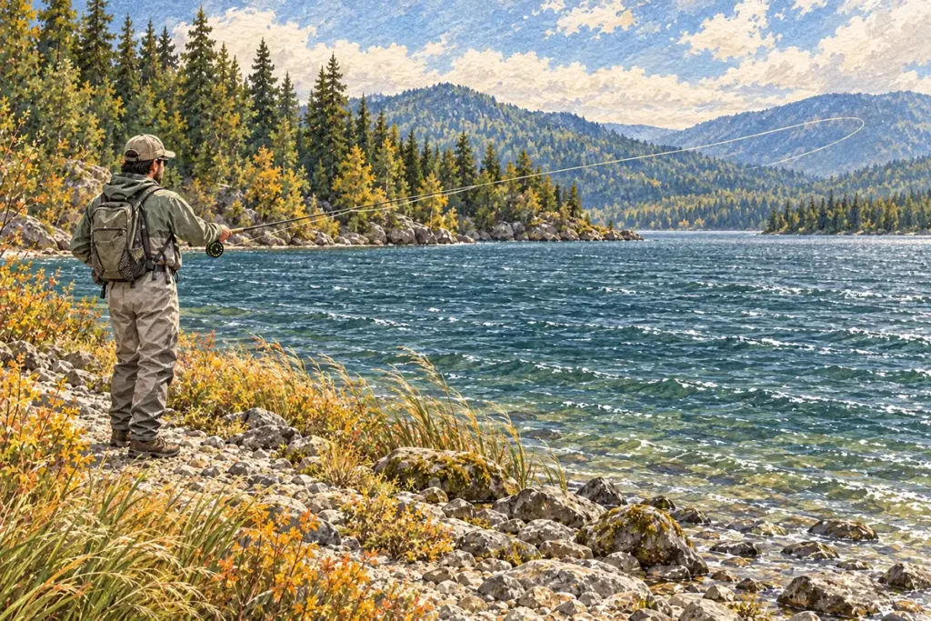 Pêcheur à la mouche sur une berge de lac, avec des herbes inclinées et une boucle de soie au-dessus de l’eau.