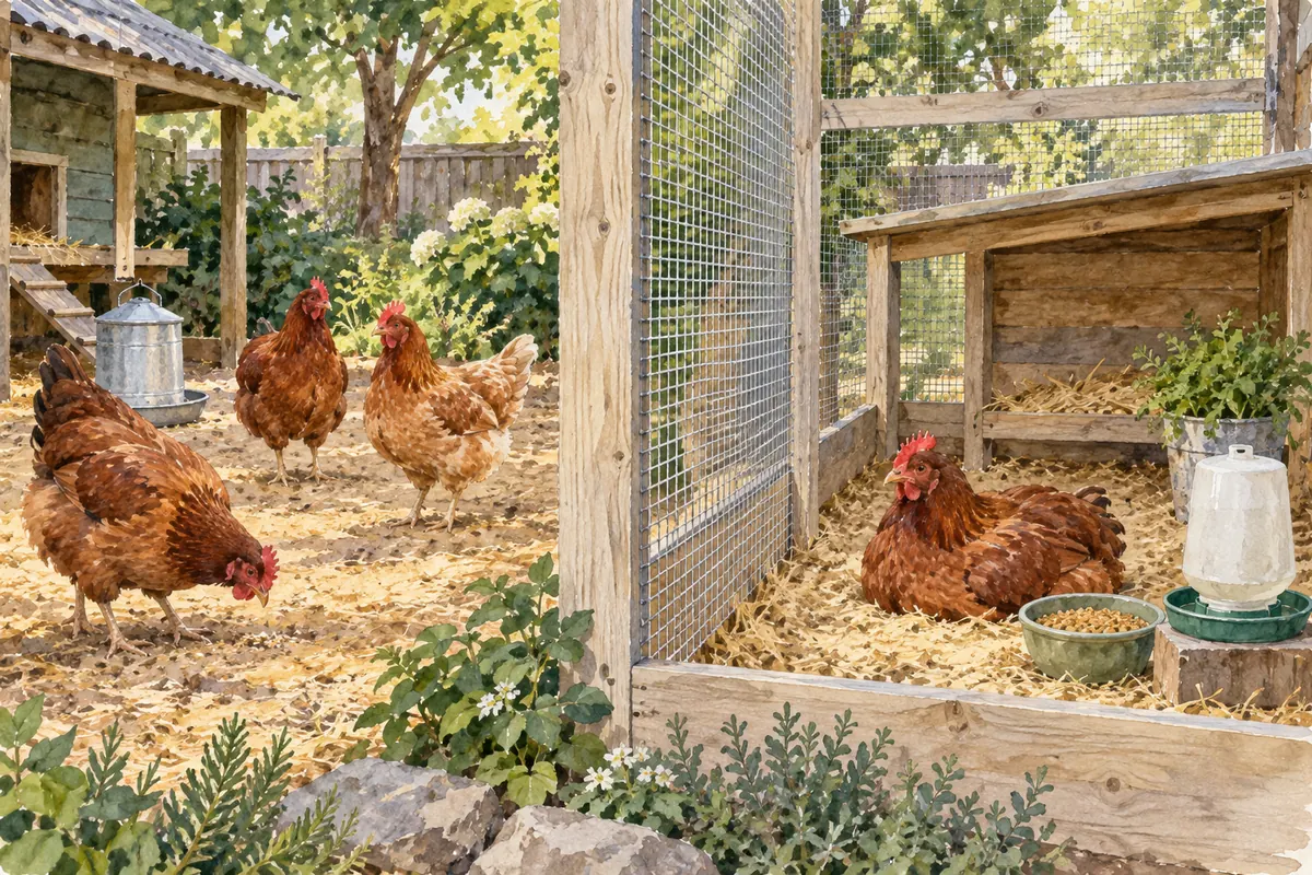 Une poule protégée dans un enclos adjacent dispose de sa propre eau et de sa nourriture tandis que le groupe reste visible derrière une séparation