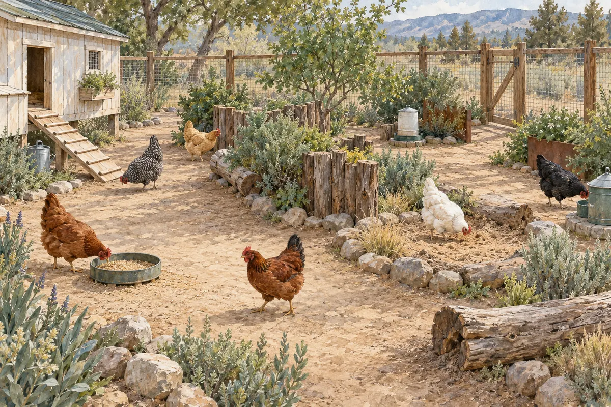 Des poules explorent un parcours enrichi avec deux points d’alimentation, des rondins bas et des écrans visuels