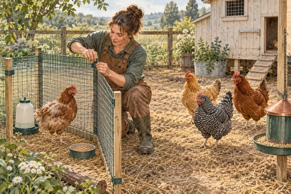 Une gardienne installe une séparation sécurisée pour protéger une poule au plumage légèrement abîmé tandis que le groupe reste visible