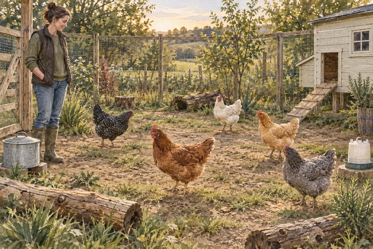 Une gardienne observe calmement une rencontre surveillée entre une poule rétablie et son groupe dans un parcours spacieux
