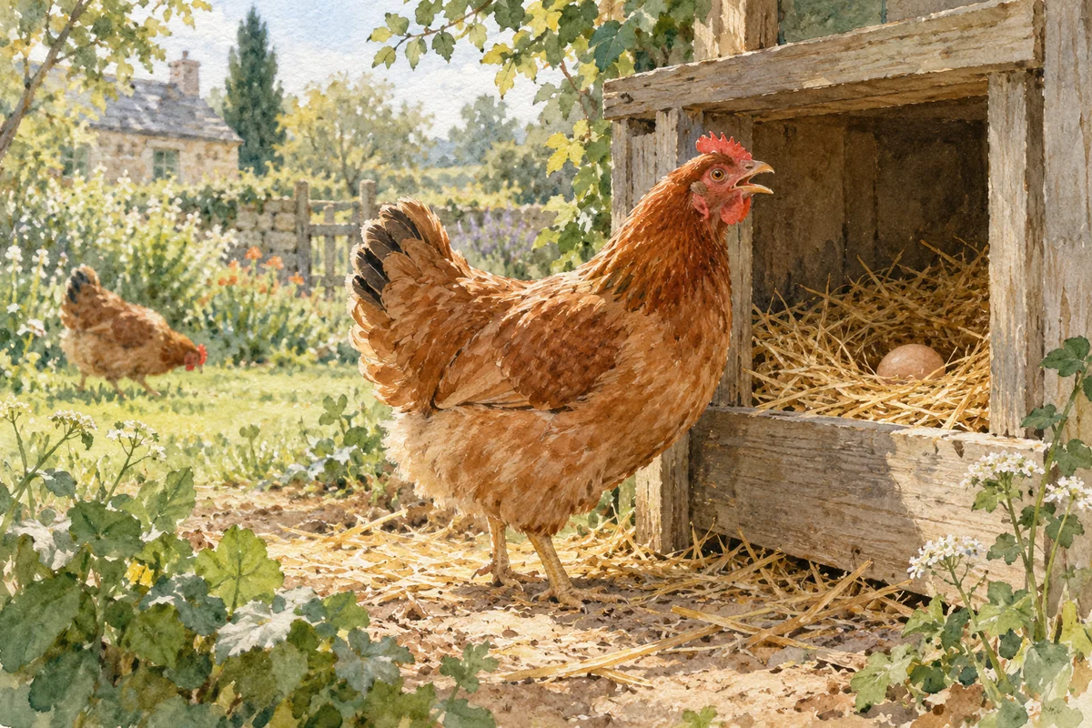 Brown hen with her beak open beside a wooden nest box containing an egg on straw.