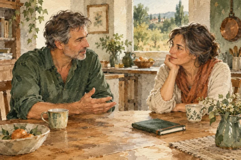 Two adults having a calm conversation at a table in a bright home.